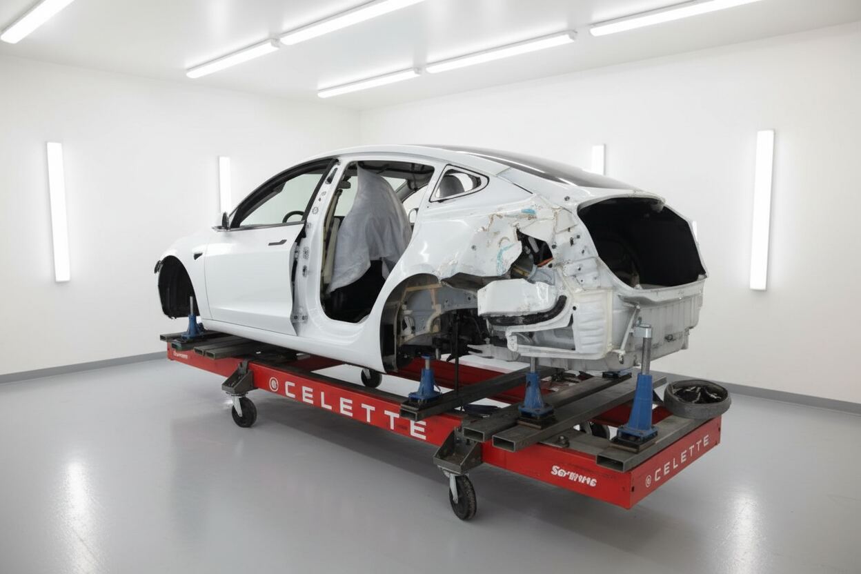 Frame straightening on Tesla using Celette Naja equipment at Eastern Auto Works Cambridge MD