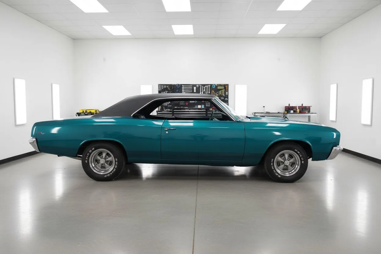 Restored teal Chevelle with vinyl top in a clean shop
