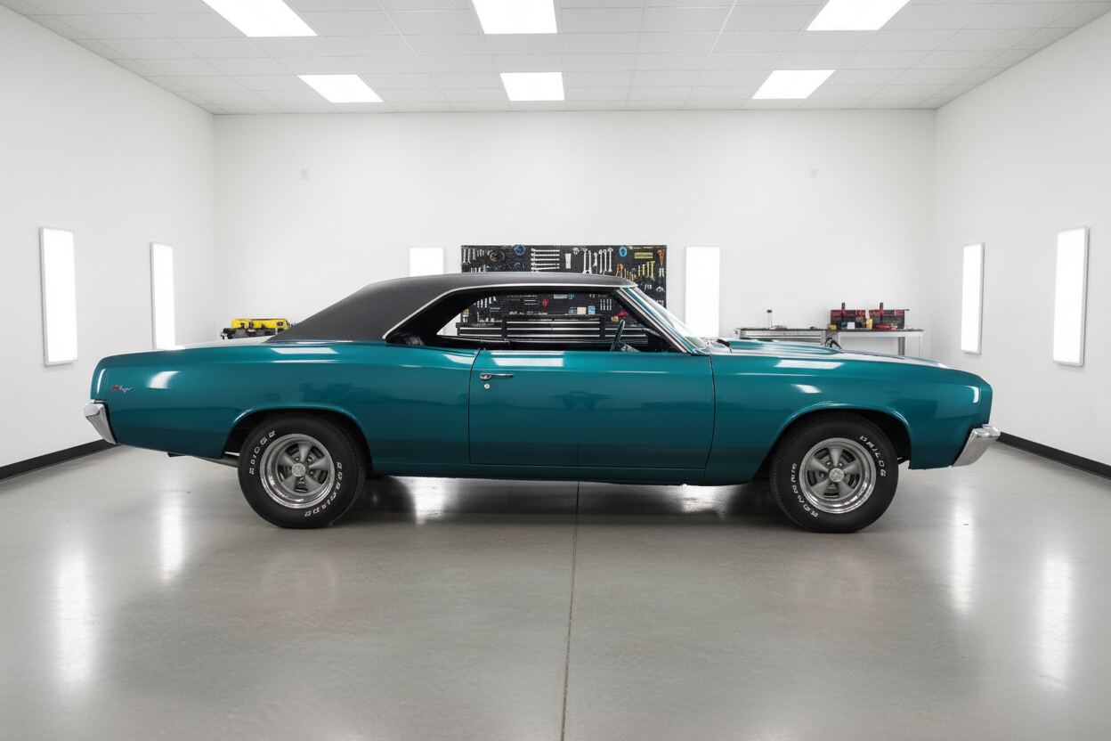 Restored teal Chevelle with vinyl top in clean shop