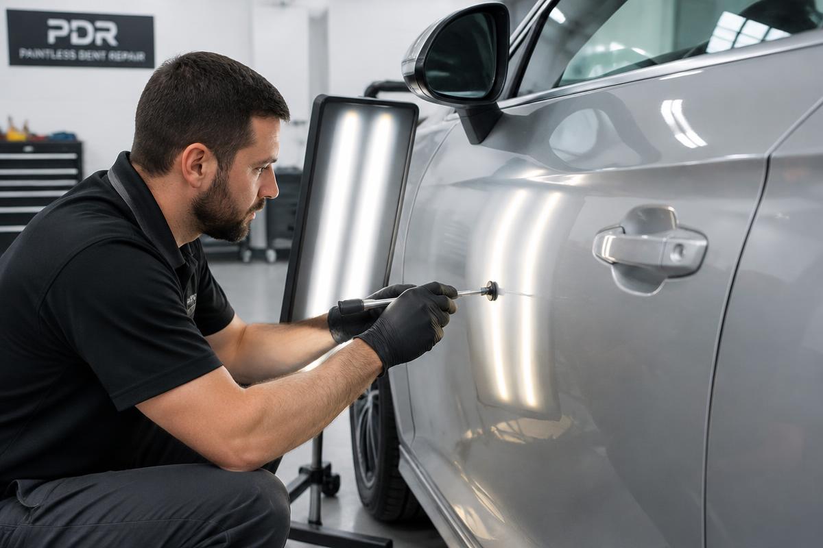 Technician performing paintless dent removal on a car door panel at Eastern Auto Works in Cambridge, MD