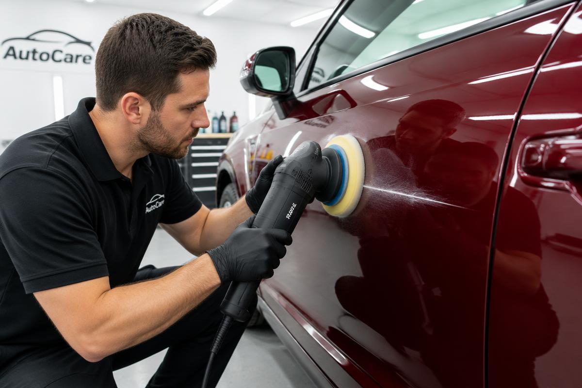 Technician polishing a scratch out of a dark red car door at Eastern Auto Works in Cambridge, MD