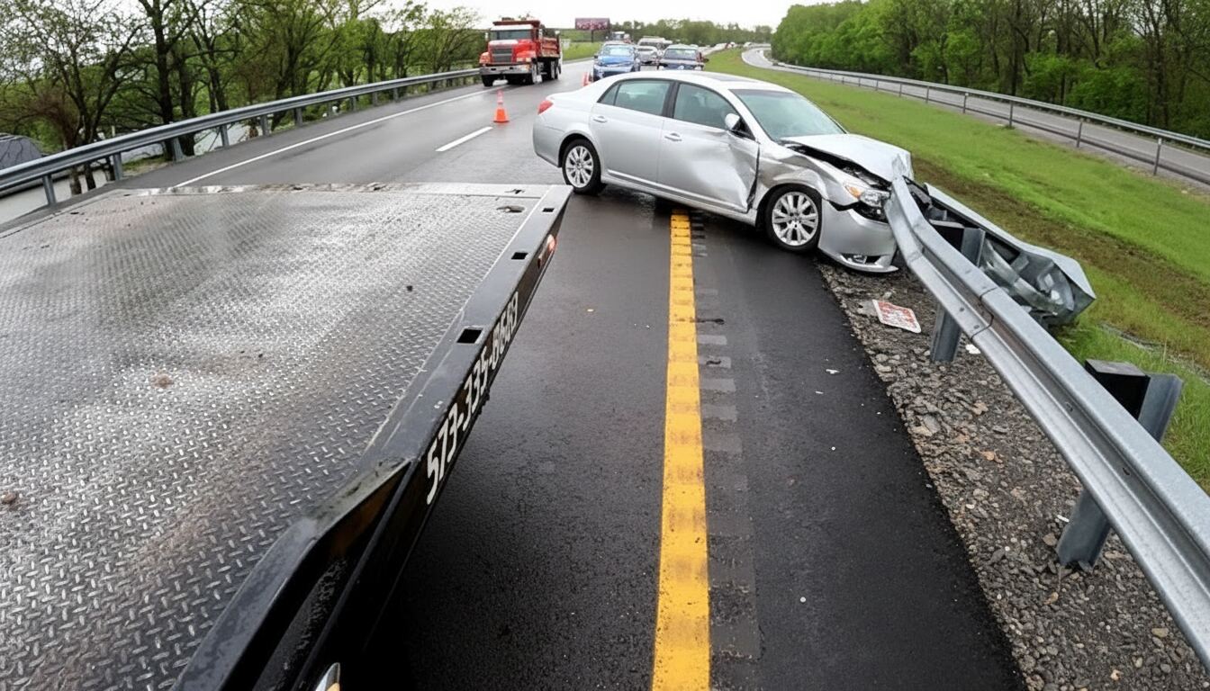 24-hour flatbed tow truck at accident recovery scene on Eastern Shore Maryland